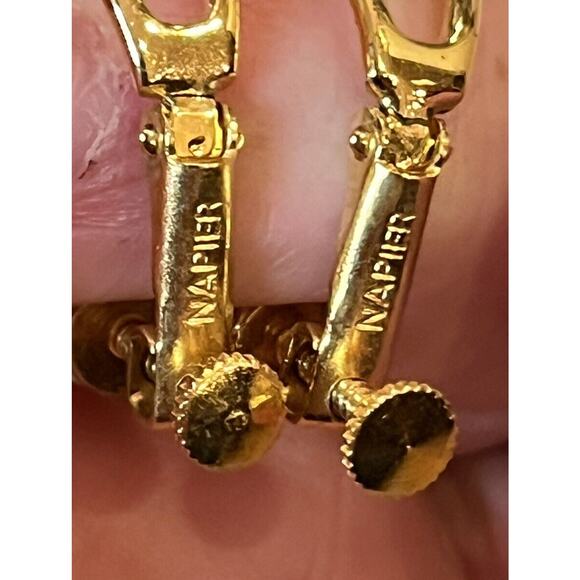 Vintage Napier Gold tone Faux Pearl Screwback Earrings Hoops Open Work .75” - Picture 6 of 6